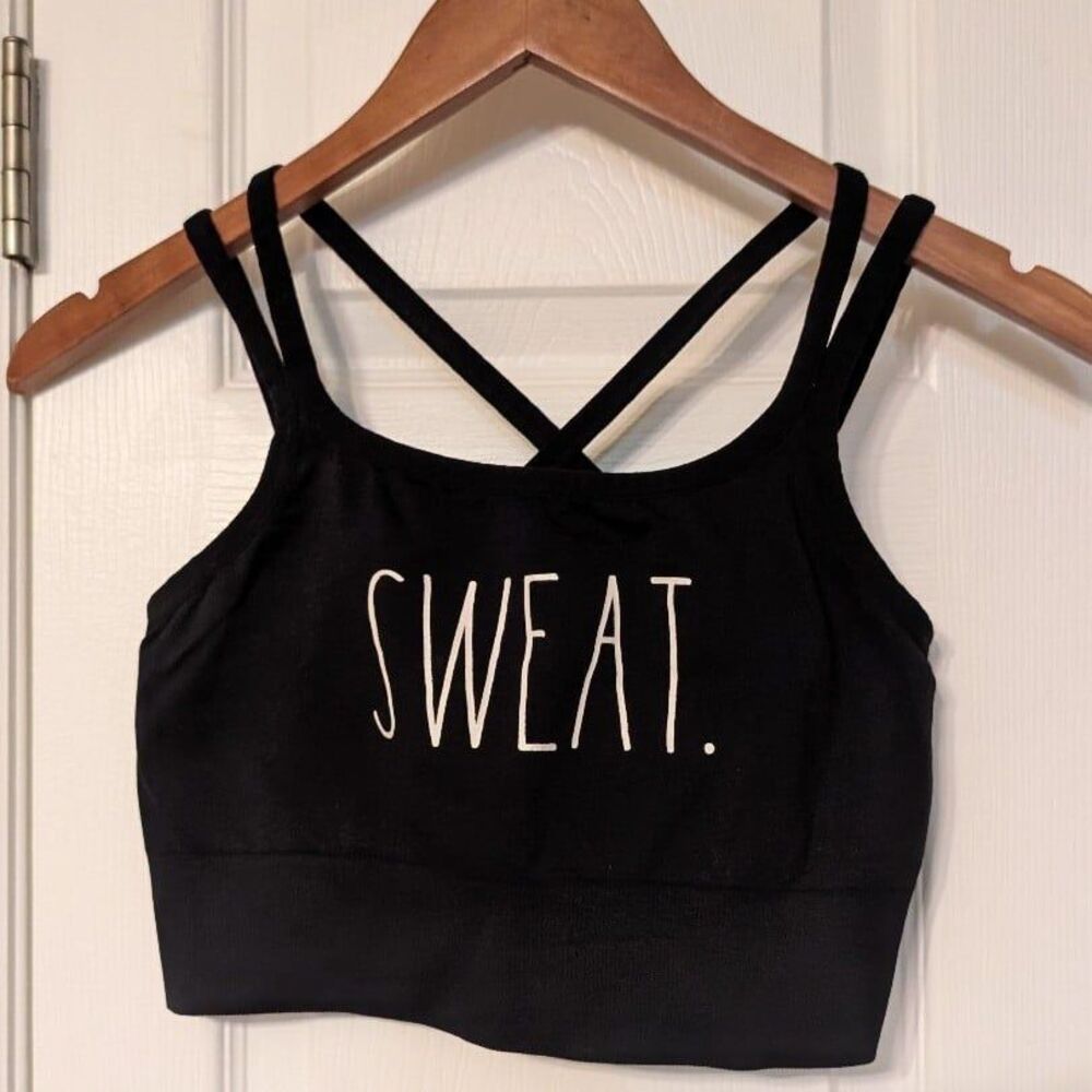 Women's Black Sports Bra with "SWEAT." Text Rae Dunn Size Large